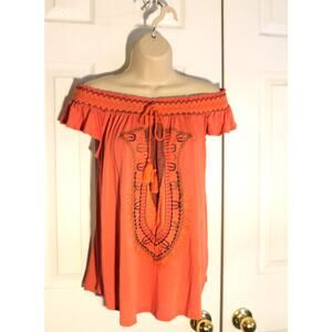 Parc & Lex Embroidered Orange Peasant Top sz M